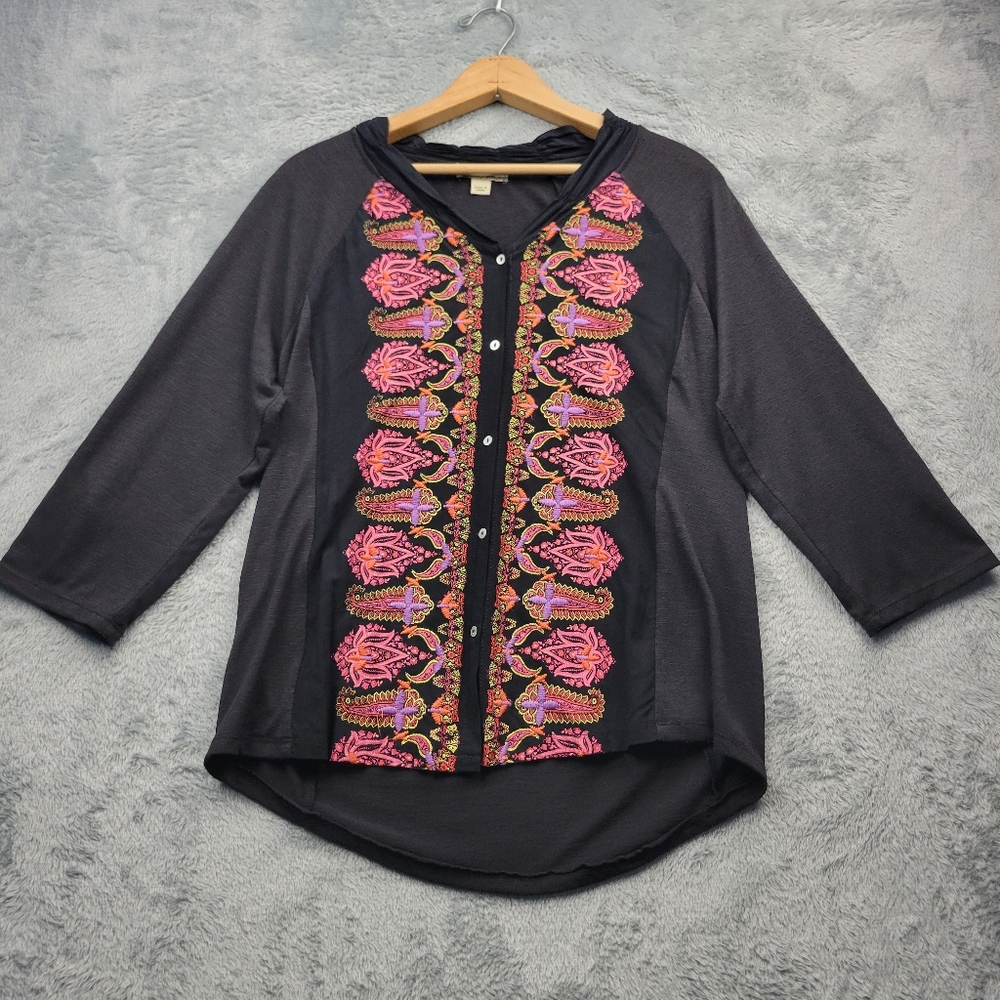 Energe World Wear Womens Blouse Size Large Floral Paisley Embroidered Boho